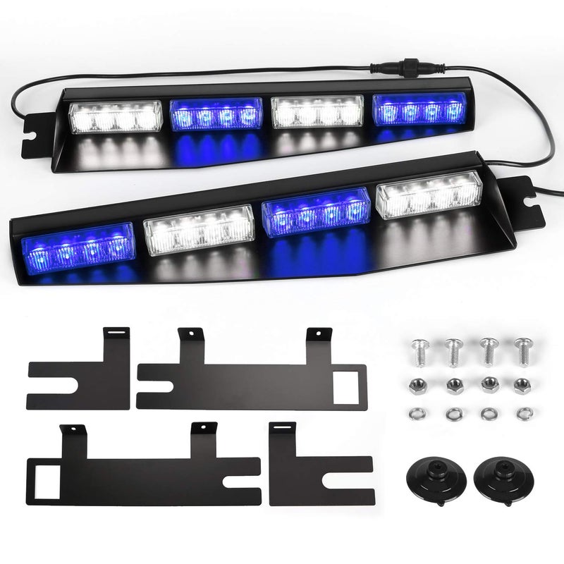 ASPL 32LED Visor Lights 26 Flash Patterns Windshield Emergency Hazard Warning Strobe Beacon Split Mount Deck Dash Lamp with Extend Bracket (Blue/White/Blue/White) - Image 1